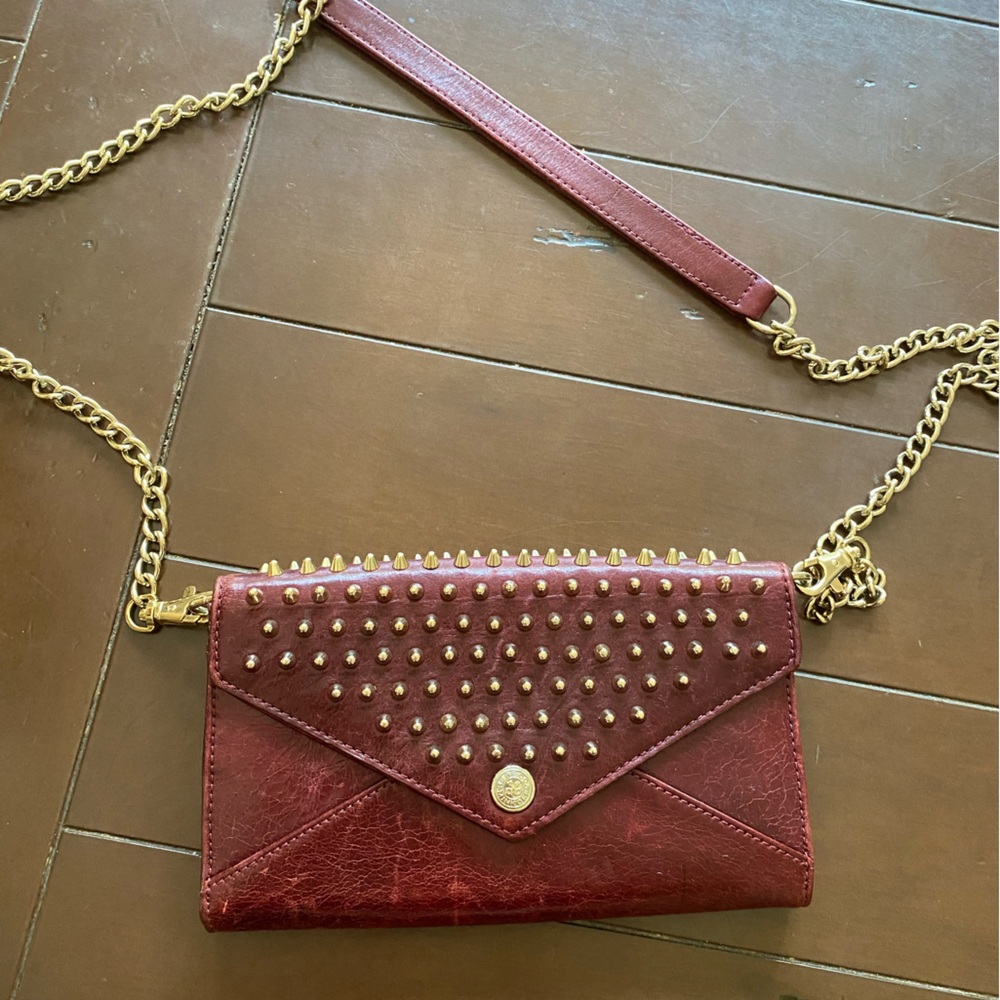 Rebecca Minkoff Studded Burgundy Clutch with Gold Chain